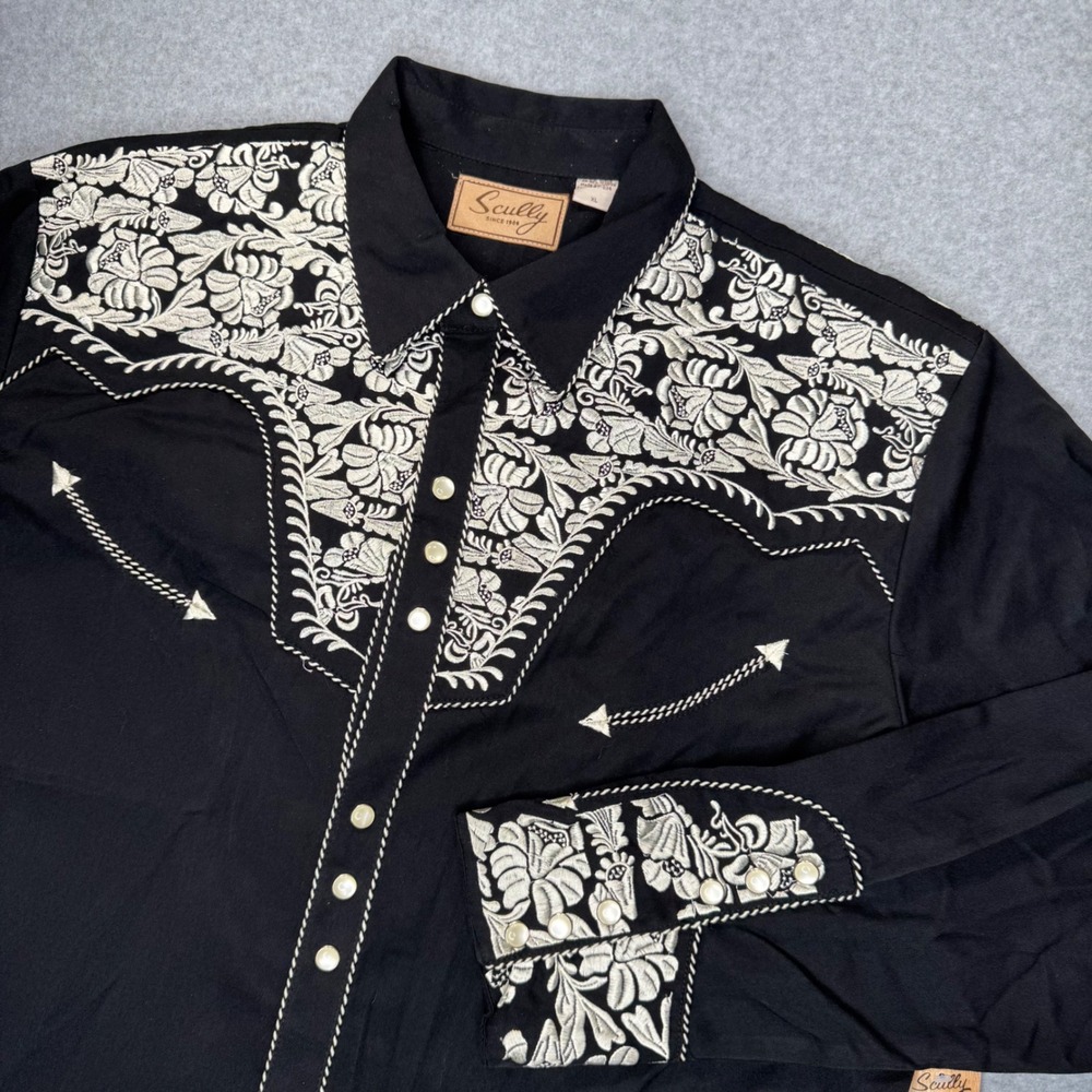 Scully Western Shirt Mens XL Black Embroidered Floral Pearl Snap P-634